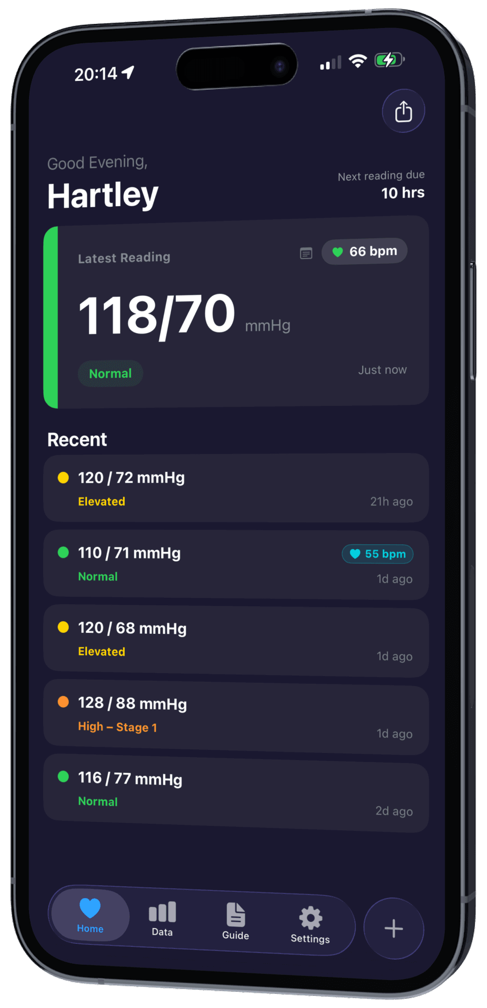 BP Tracker home screen on iPhone showing the latest reading and recent history