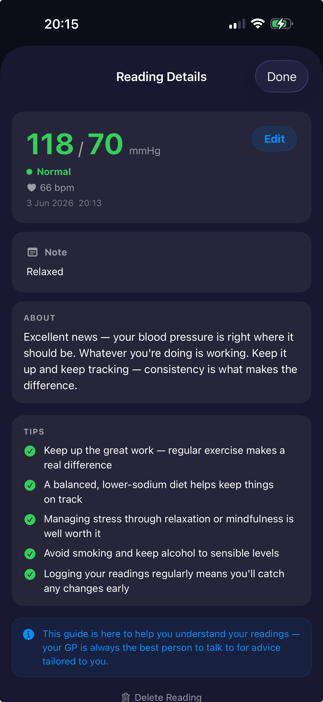Reading details with personalised insight and tips