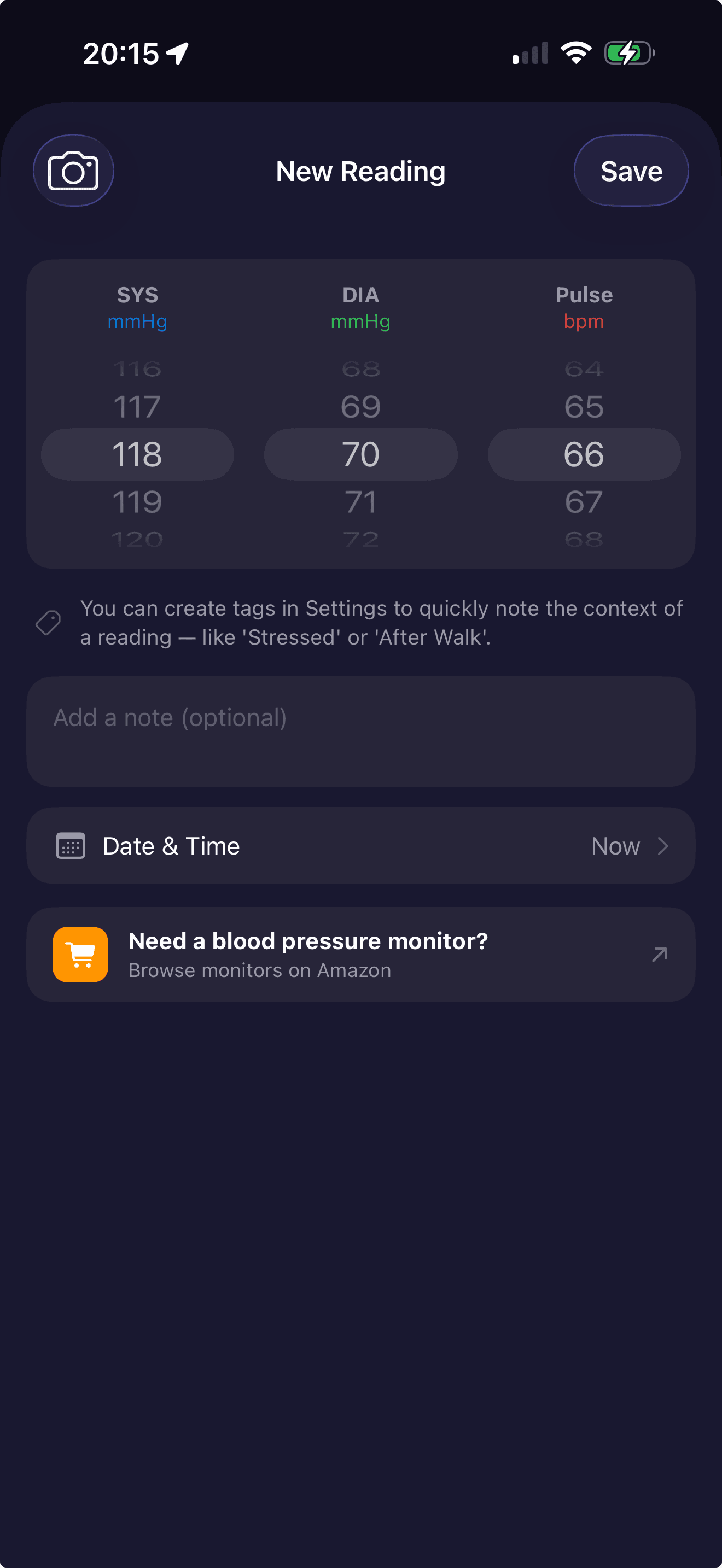 New reading entry with SYS, DIA and pulse scrollers